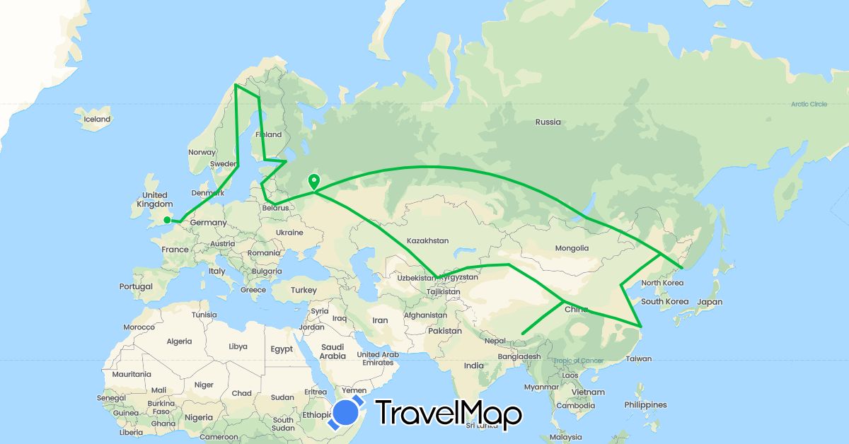 TravelMap itinerary: driving, bus in Belgium, Belarus, China, Denmark, Finland, United Kingdom, Kazakhstan, Lithuania, Latvia, Netherlands, Norway, Russia, Sweden, Uzbekistan (Asia, Europe)