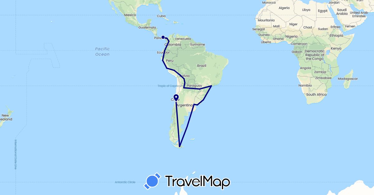 TravelMap itinerary: driving in Argentina, Bolivia, Brazil, Chile, Colombia, Ecuador, Panama, Peru, Paraguay, Uruguay (North America, South America)